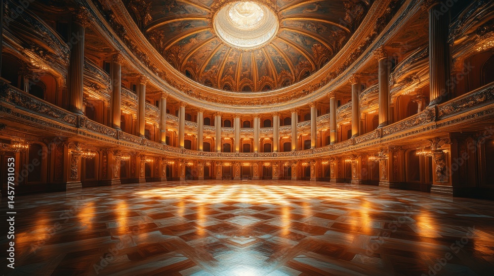 Obraz premium Opulent ballroom interior featuring gilded decorations and a magnificent domed ceiling with skylight