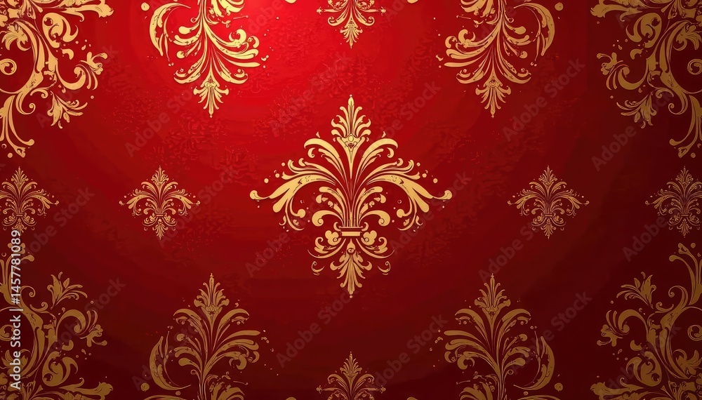 Intricate floral damask pattern in elegant gold on deep red background , sophisticated, scroll, decoration Intricate floral damask pattern in elegant gold on deep red background , sophisticated, scroll, decoration