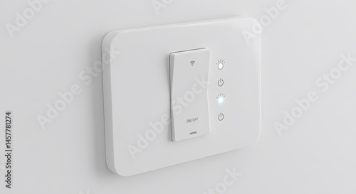 A close up of a white smart light switch mounted on a wall with indicator lights visible on the panel