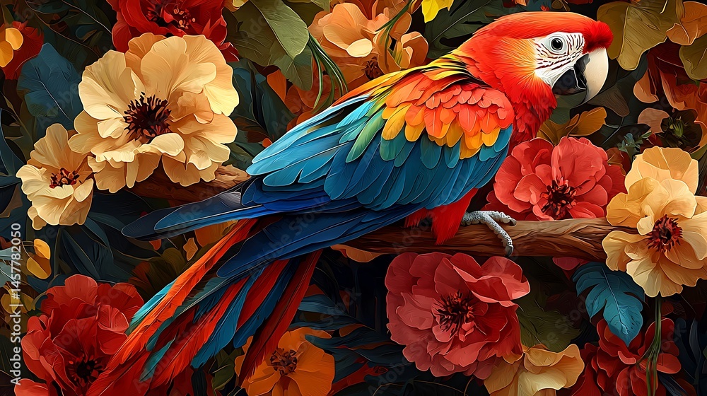 Fototapeta premium Vibrant Macaw Perched Among Colorful Tropical Flowers and Lush Greenery in a Lush Jungle Setting