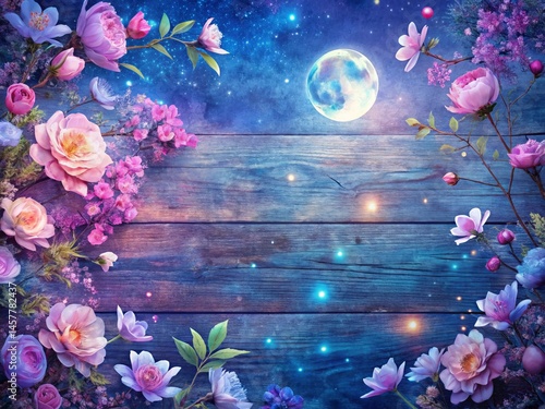 Night Pastel Drawing on Wood Grain Paper - Delicate Floral Design Stock Photo