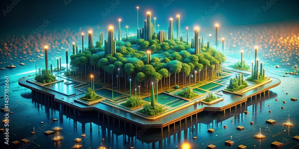 Obraz premium A Serene Technological Oasis Lush Forest Flourishes on a Futuristic Microchip, Illuminated by Glowing Towers