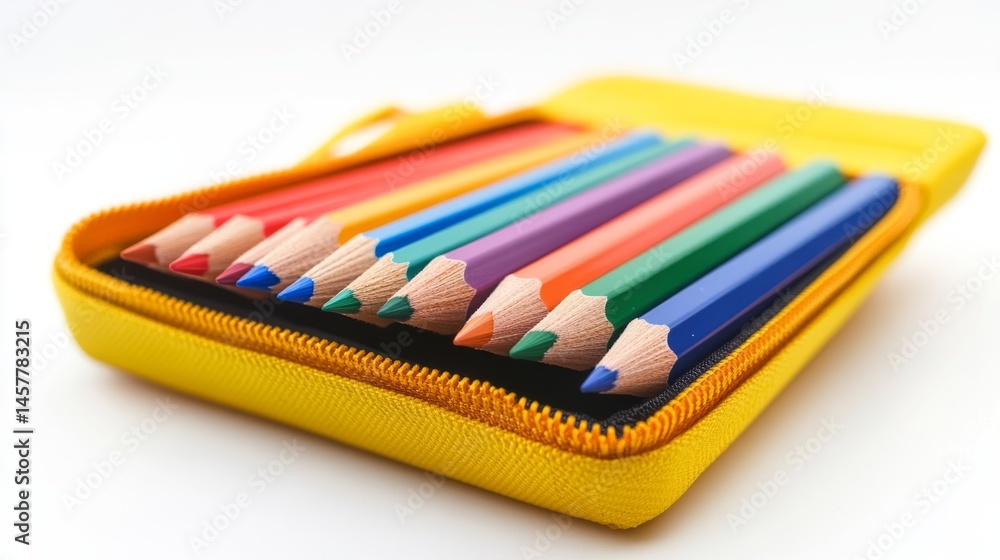 Naklejka premium Back to school pencils in case ready for learning, isolated on white background 