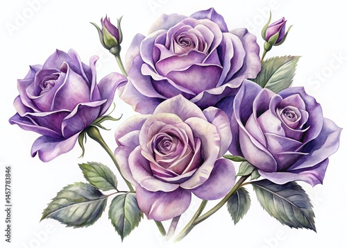 Night Photography: Watercolor Purple Roses Isolated on White Background