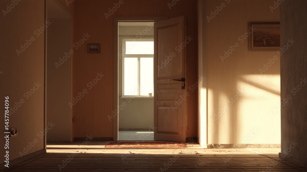 Open door to a sunlit clean room with simple decor, conveying peace and freshness in a minimalist space.
Open door to a sunlit clean room with simple decor, conveying peace and freshness in a minimalist space.