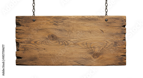 A weathered wooden sign hanging from metal chains against a black background in a studio setting
