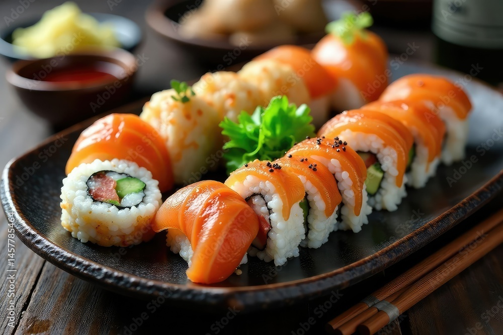Sushi platter, various rolls, chopsticks, wasabi, ginger , japan, rice, food photography Sushi platter, various rolls, chopsticks, wasabi, ginger , japan, rice, food photography