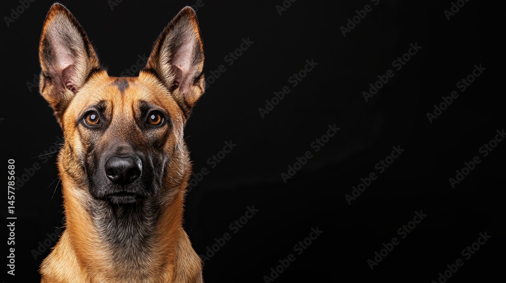 Fototapeta premium A German Shepherd dog stares attentively against a plain black background.