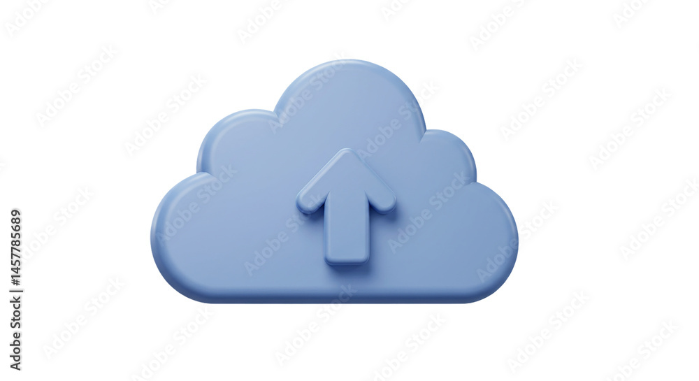 A pastel blue cloud with an upward pointing arrow in the center on a black background in a rendering A pastel blue cloud with an upward pointing arrow in the center on a black background in a rendering