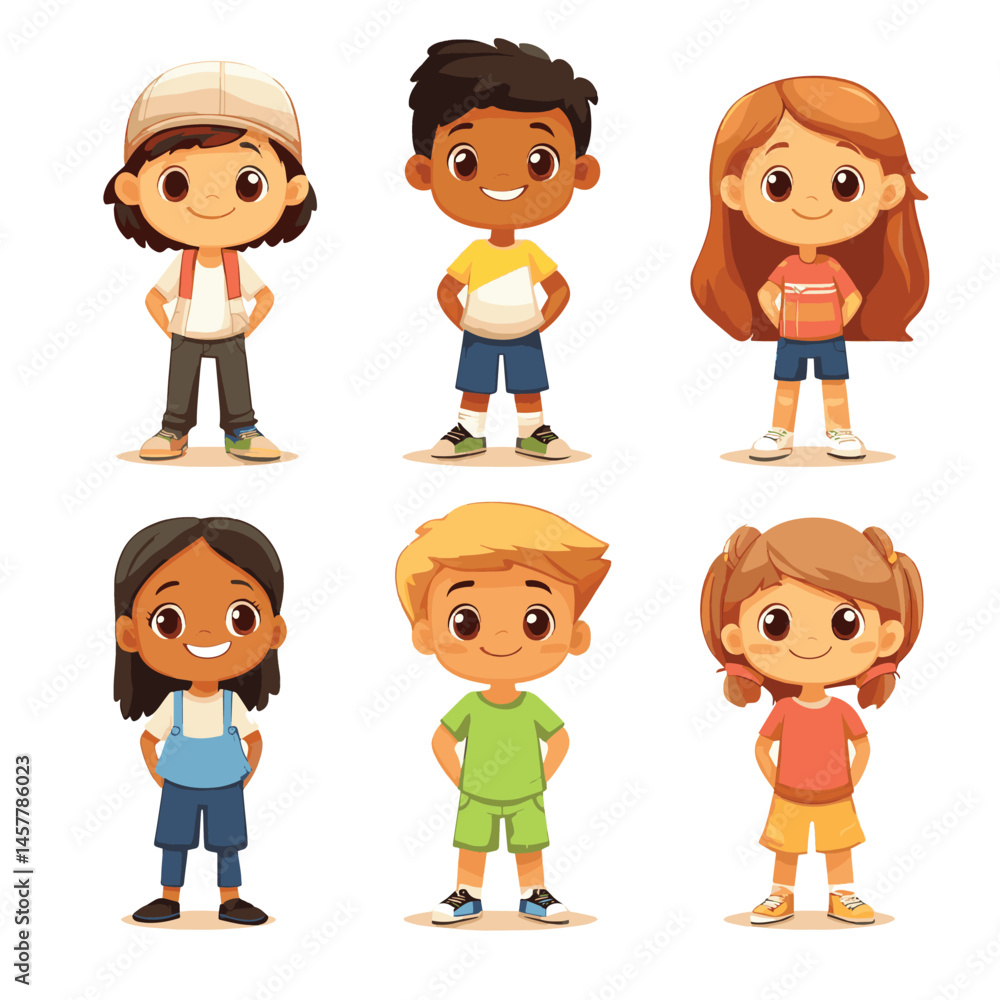Smiling kids characters isolated. Diversity children standing cartoon vector illustration, vector style simple color Smiling kids characters isolated. Diversity children standing cartoon vector illustration, vector style simple color
