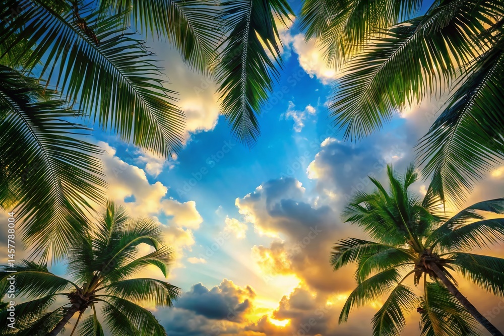 Fototapeta premium Palm Sunday Silhouette: Coconut Leaves Frame Against Cloudy Blue Sky - Stock Photo