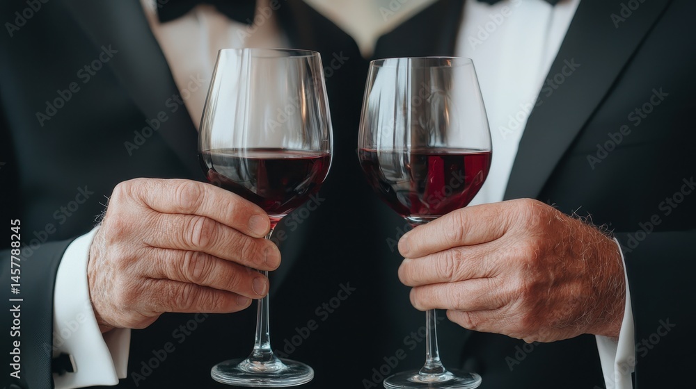 Elegant Celebration with Cheers and Red Wine Glasses in Formal Attire at a Special Occasion Event Elegant Celebration with Cheers and Red Wine Glasses in Formal Attire at a Special Occasion Event