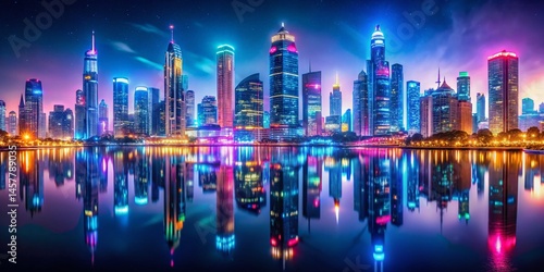 Panoramic Cityscape at Night: Vibrant Neon Lights and Glowing Edges