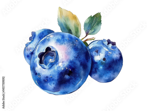 watercolor blueberries with leaves on white background.