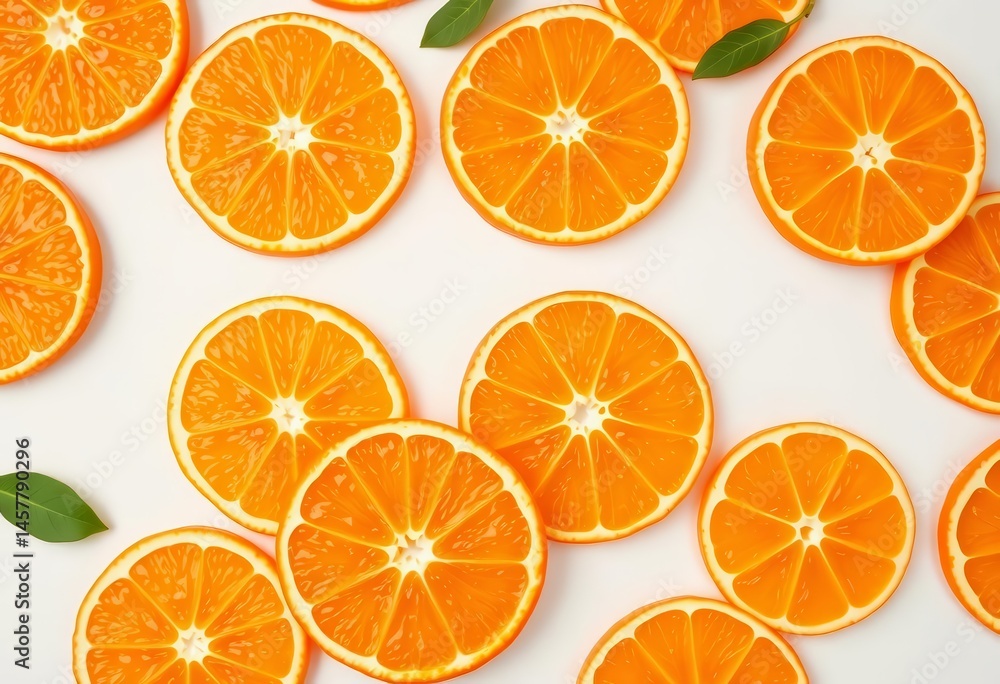 Perfectly round orange slices, vibrant and juicy, arranged on a pristine white background , texture, macro Perfectly round orange slices, vibrant and juicy, arranged on a pristine white background , texture, macro