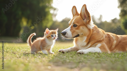 Adorable Kitten And Dog Companionship Outdoors