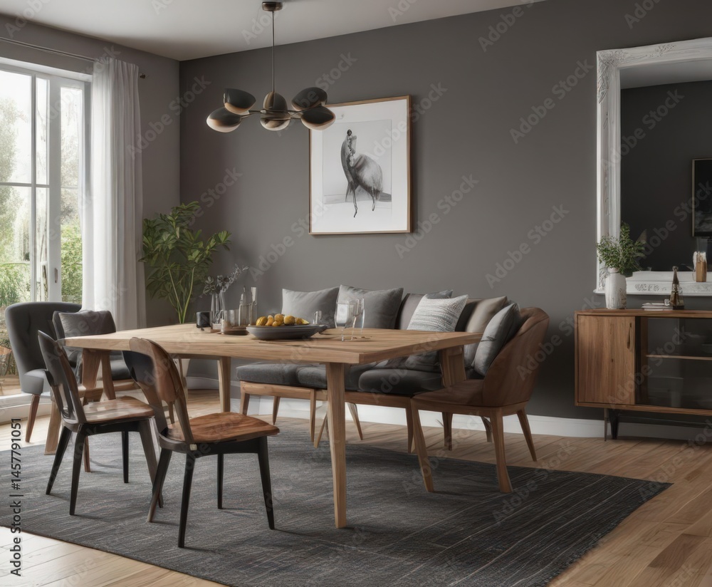 Sophisticated living & dining area Brown sofa complements wooden dining table, grey walls feature black/white photography , interior, room, elegant Sophisticated living & dining area Brown sofa complements wooden dining table, grey walls feature black/white photography , interior, room, elegant