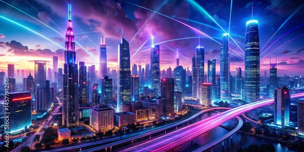 Panoramic Neon Cityscape: Futuristic Metropolis at Night, Vibrant Digital Lights, Innovation, Progress, Connectivity Panoramic Neon Cityscape: Futuristic Metropolis at Night, Vibrant Digital Lights, Innovation, Progress, Connectivity