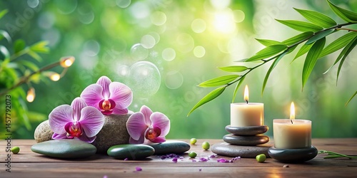 Panoramic Spa Wellness Serenity: Orchids, Stones, Candle, Peaceful Nature Background