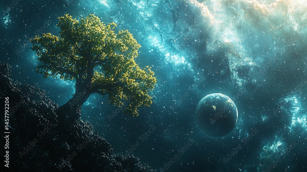Obraz premium A solitary tree in a vibrant, otherworldly landscape