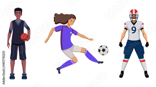 A set of athletes' characters. Football player, rugby player, basketball player. Vector people, women and men, cartoon flat graphics
