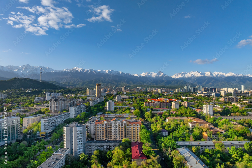 Obraz premium View from a quadcopter of the central part of the Kazakh city of Almaty on a spring morning