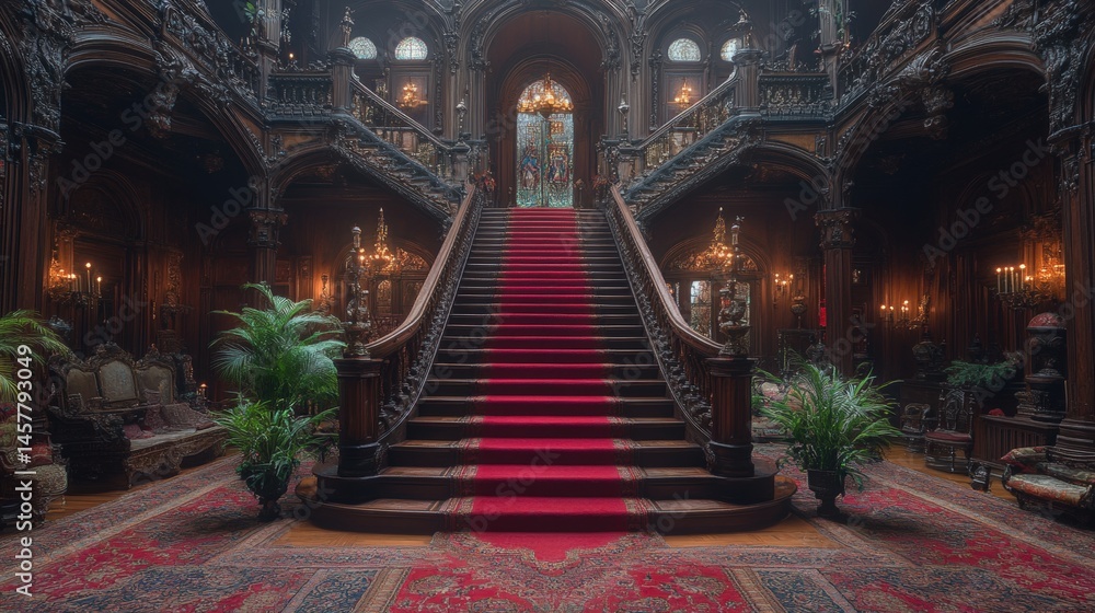 Obraz premium Ornate staircase with red carpet ascends in grand, classically styled, and dimly lit interior space.
