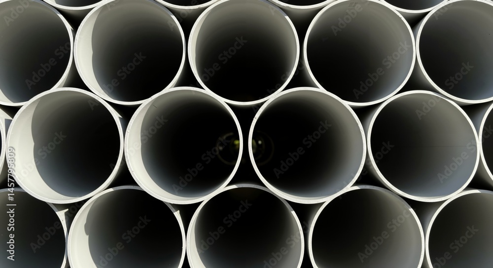 Close-up view of a large stack of white industrial pipes, creating an abstract pattern and texture with circular openings and shadows, suitable for construction and infrastructure projects Close-up view of a large stack of white industrial pipes, creating an abstract pattern and texture with circular openings and shadows, suitable for construction and infrastructure projects
