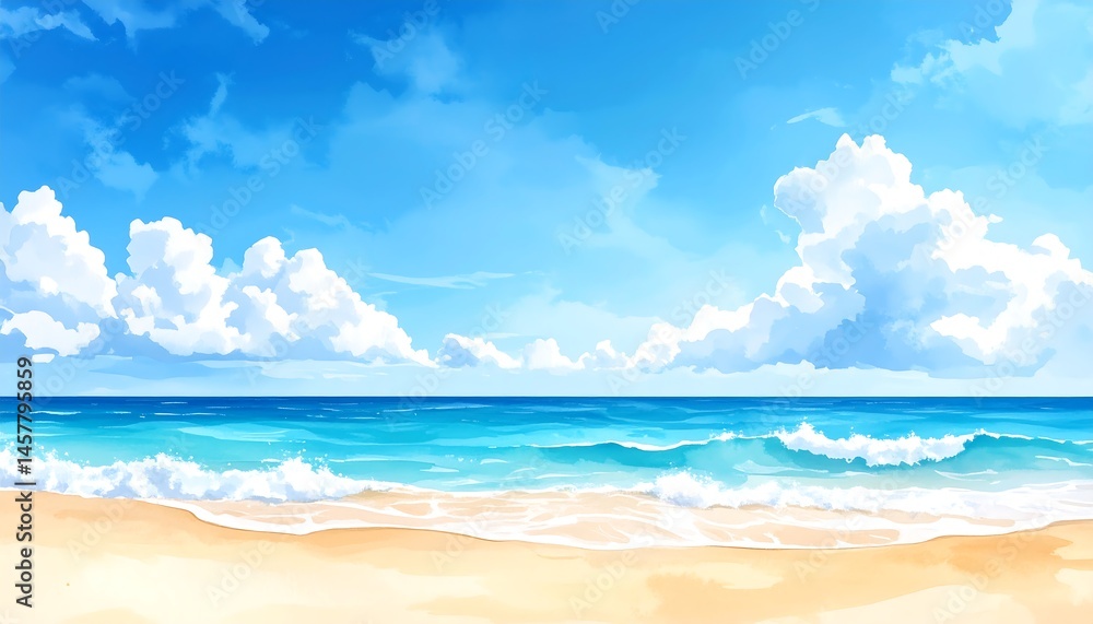Fototapeta premium Summer Beach Scene: Ocean Waves, Blue Sky, and Sandy Shore