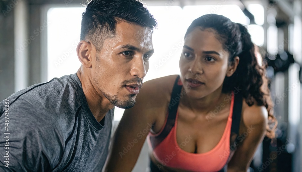 A fit man and woman are working out together in a modern gym, surrounded by weights and exercise equipment, showcasing teamwork and motivation. A fit man and woman are working out together in a modern gym, surrounded by weights and exercise equipment, showcasing teamwork and motivation.