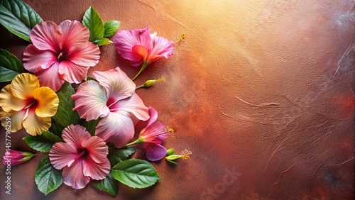 Pastel Hibiscus Flat Lay: Soft Leather Background, Glowing Floral Photography