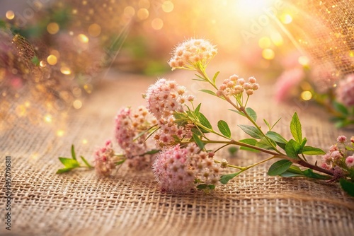 Pastel Pink Spirea Flat Lay: Woven Hemp Background, Soft Textures, Evening Glow
