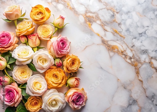 Pastel Roses Flat Lay: Golden Glow Marble Background, Soft Texture, High Resolution Stock Photo