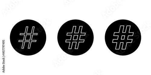 Hashtag outline icon on black circle. Social media keyword sign symbol
