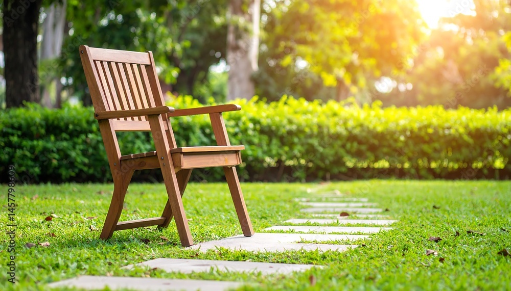 Fototapeta premium Serene Wooden Chair on Garden Path