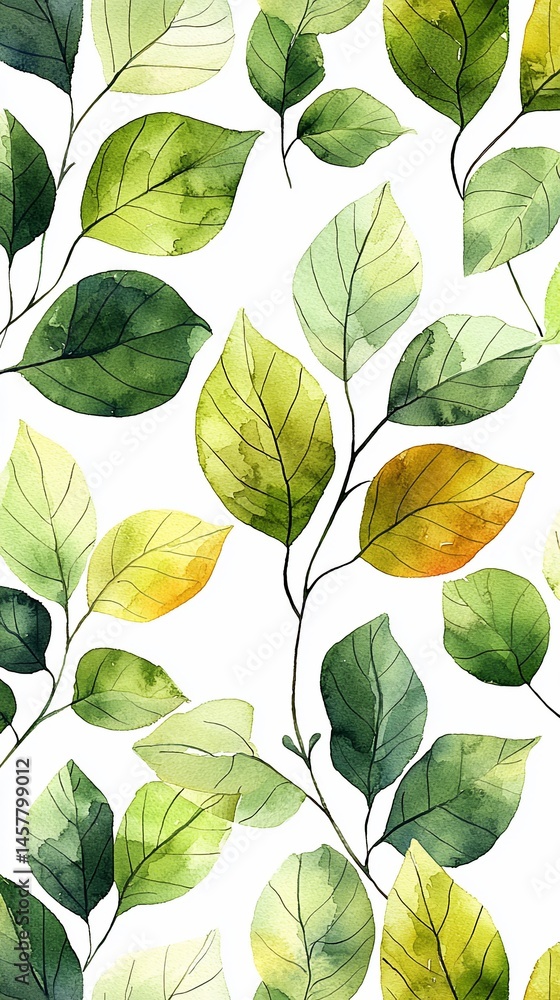 A vibrant, botanical pattern of leaves in various shades of green and yellow Intricate watercolor-like design with delicate branches A vibrant, botanical pattern of leaves in various shades of green and yellow Intricate watercolor-like design with delicate branches