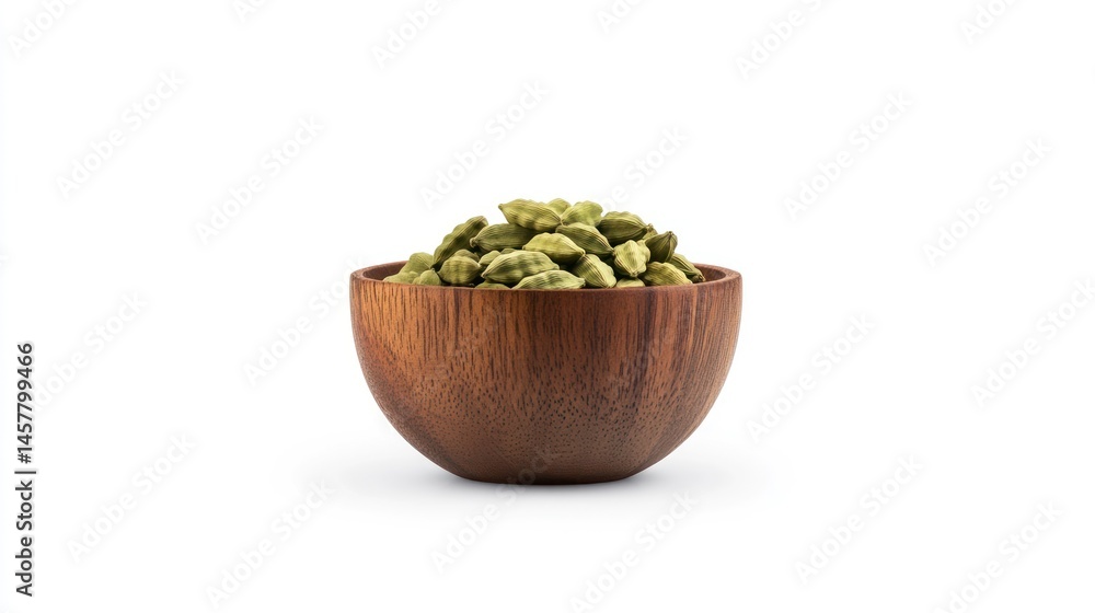 Dried cardamom pods in wooden bowl on white background Dried cardamom pods in wooden bowl on white background