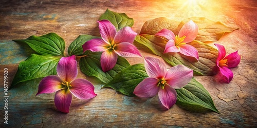 Pink Trillium Flat Lay: Soft Textures & Morning Glow, High-Resolution Stock Photo
