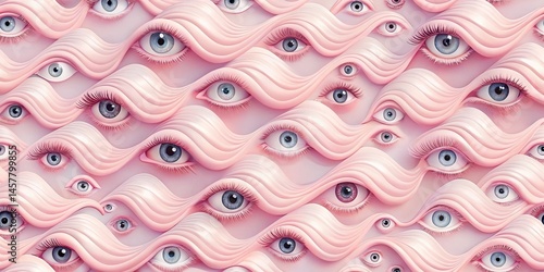 Pink & White Wave Pattern with Eye Silhouettes: Abstract Repeating Texture Stock Photo