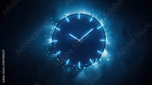 Wallpaper Mural Glowing Blue Clock on Dark Wall: Time Concept Torontodigital.ca