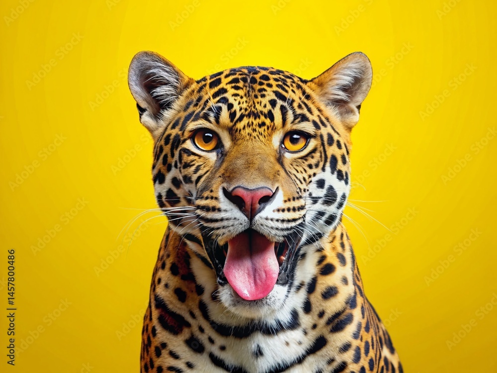 Obraz premium Playful Cartoon Jaguar with Pink Tongue, Vibrant Yellow Minimalist Background Stock Photo