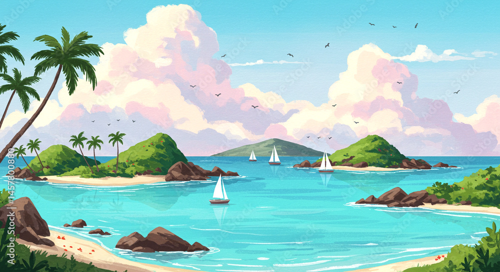 Naklejka premium Tropical Island with Sailboats and Turquoise Water