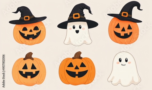 Cute cartoon halloween faces with ghosts pumpkins witch hat and pastel beige background for playful spooky clipart and themed festive illustration usage in holiday designs,

