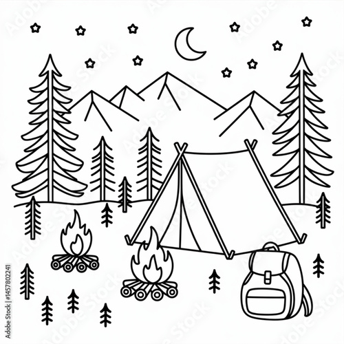 A black and white camping illustration line art of a coloring page
