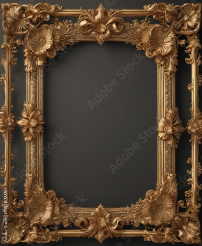 Intricate gold scroll frame, vintage floral details, pattern, royal, ornate