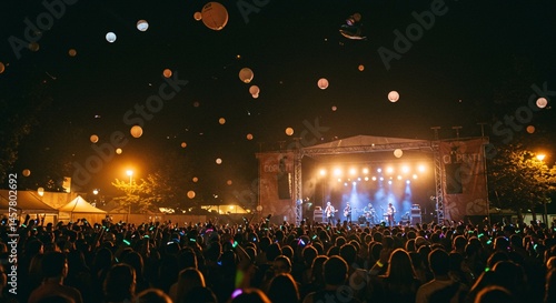 Night Music Festival Crowd, Stage, and Floating Lanterns