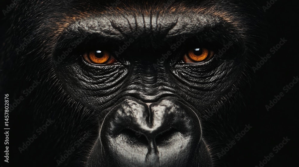 A close-up image of a gorilla's intense face, highlighting its expressive amber eyes and textured skin. A close-up image of a gorilla's intense face, highlighting its expressive amber eyes and textured skin.