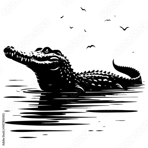 Wallpaper Mural Crocodile in Water: A Black and White Illustration Torontodigital.ca