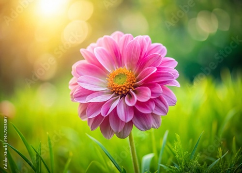 Pretty Pink Flower in Green Grass - Spring Meadow Bloom Stock Photo