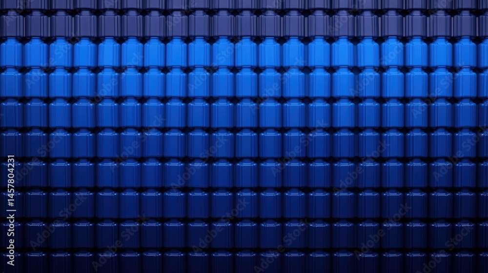 Fototapeta premium Rows of blue plastic bottles neatly arranged, creating a repetitive industrial pattern with a reflective surface.